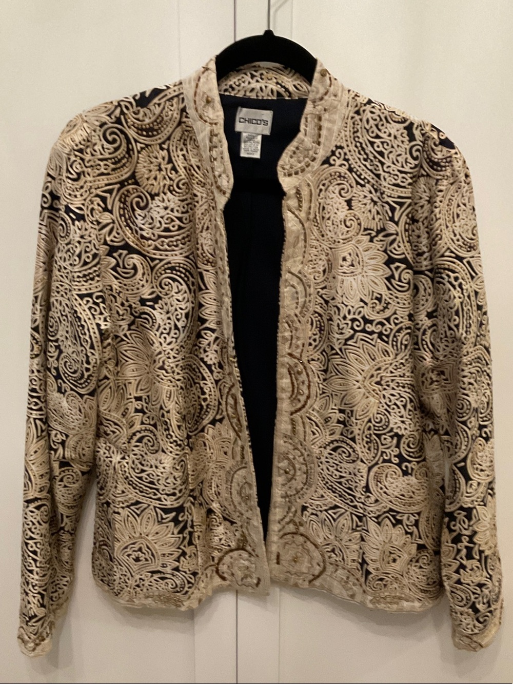 Chico's Black Jacket with Cream Embroidered Paisley